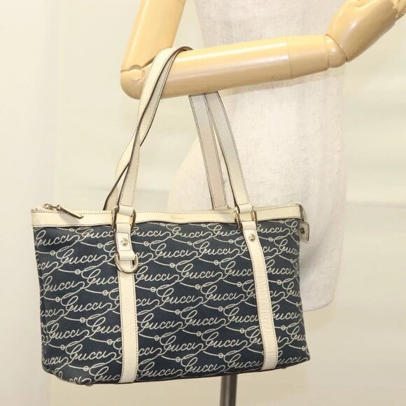 GUCCI Tote Bag Canvas Navy Gold 141470 Auth - Picture 1 of 16